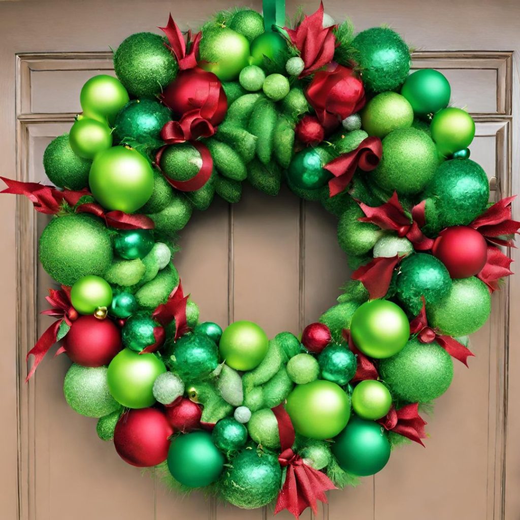 A green and red christmas wreath hanging on a door.