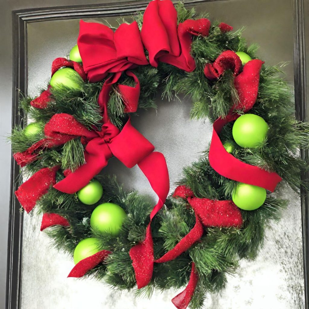 A christmas wreath with green and red ornaments on a door.