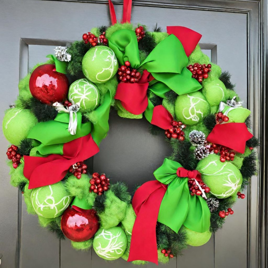 A green and red christmas wreath hanging on a door.