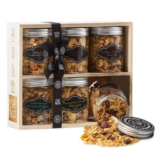 a box of granola in a wooden box.