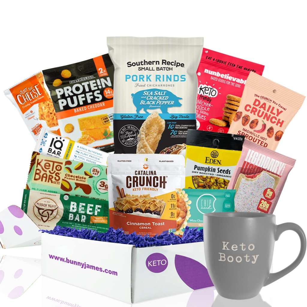 The perfect keto Christmas gift - a box filled with a variety of snacks and a coffee mug.