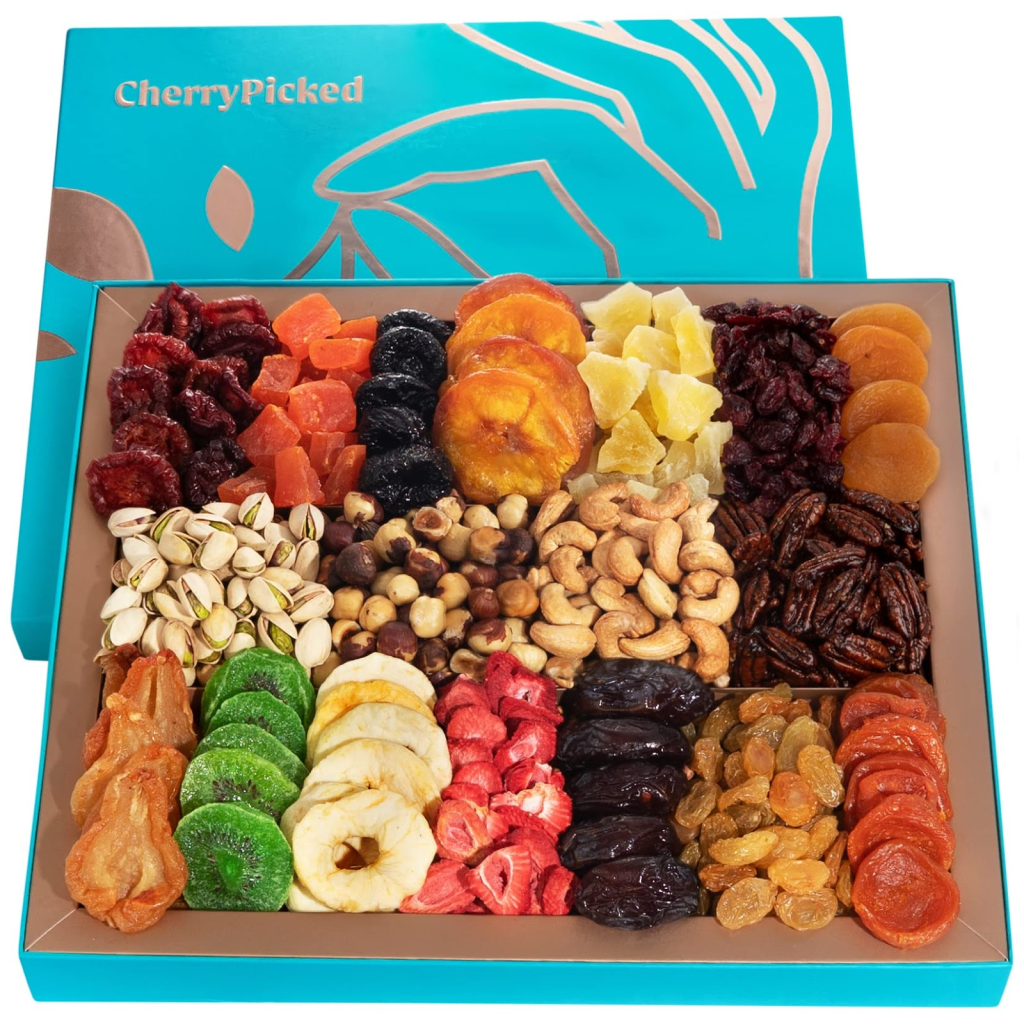 A festive blue box filled with a variety of dried fruits and nuts