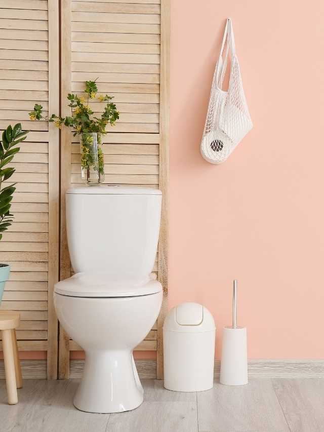 A toilet in a room with pink walls and a potted plant.