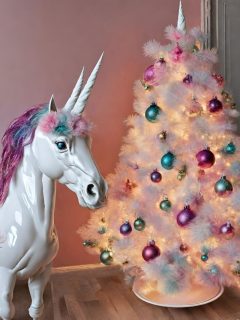 A unicorn christmas tree in a room with colorful ornaments.