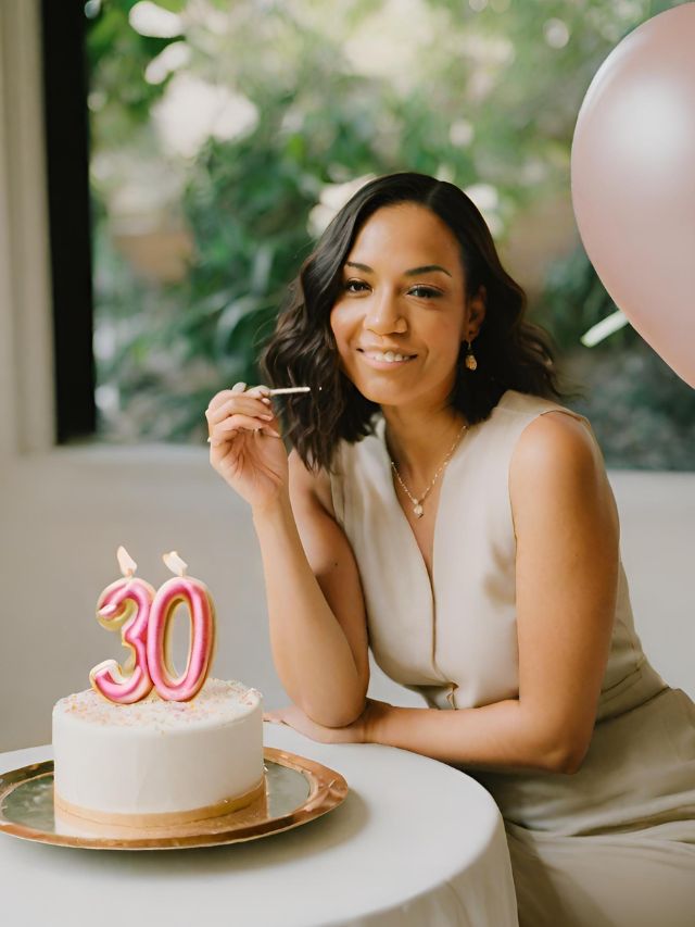 A woman sitting at a table with a cake and balloons.