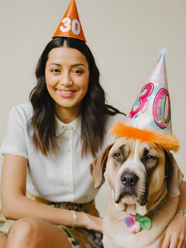 A woman with a dog wearing a birthday hat.