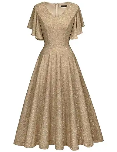 Vintage Glitter Swing Ruffle Sleeve Dress