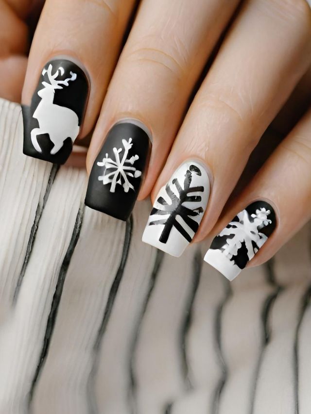 55+ Black and White Christmas Nail Designs for the Holidays