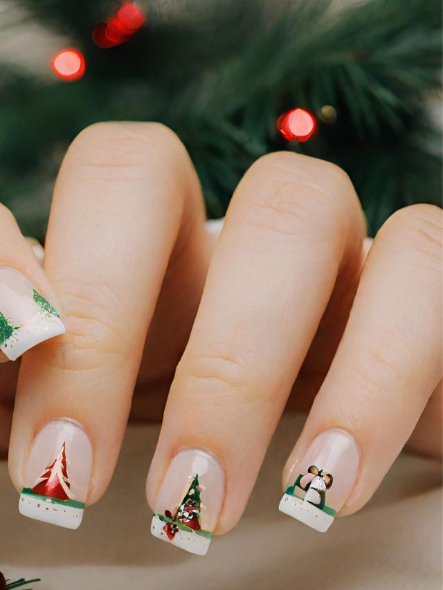 A woman's nails are decorated with christmas trees and snowflakes.