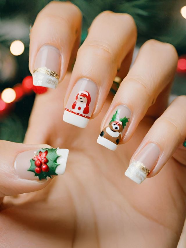 Santa claus and holly on a woman's nails.