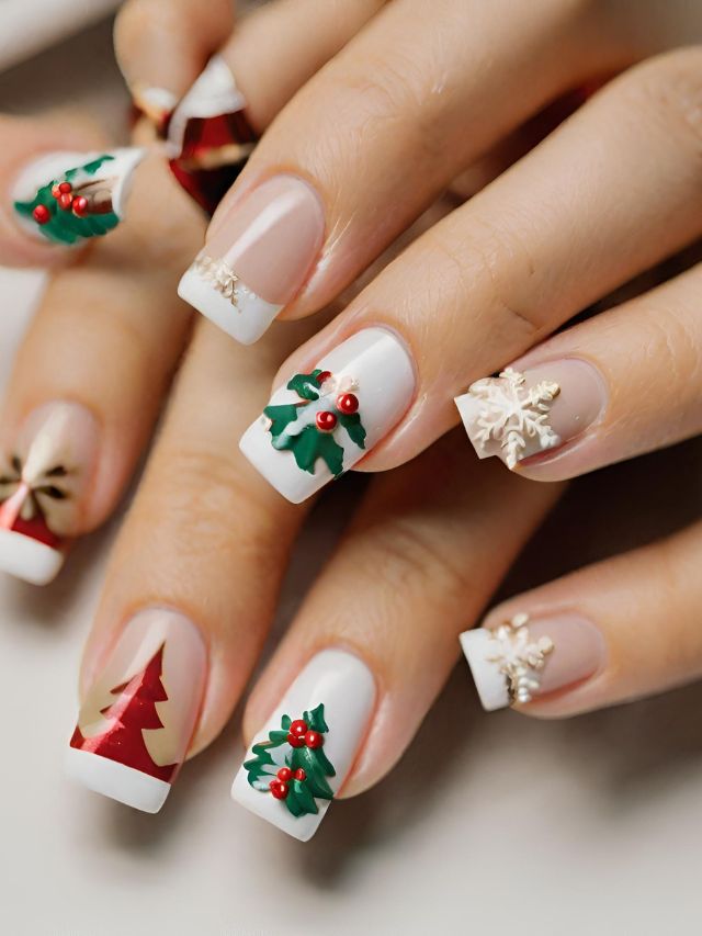 A woman's nails with christmas decorations on them.