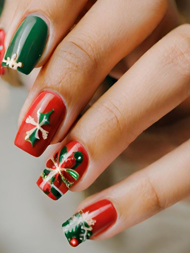 Prairie Beauty: CHRISTMAS NAIL ART: Red & Green Graphic Holo Snowflakes  Nails