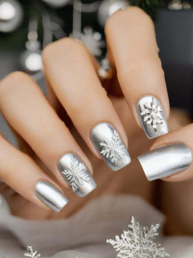 A woman with silver nail polish and snowflakes on her nails.
