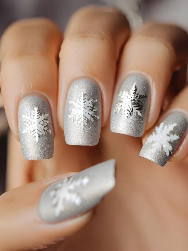 A woman with silver snowflakes on her nails.