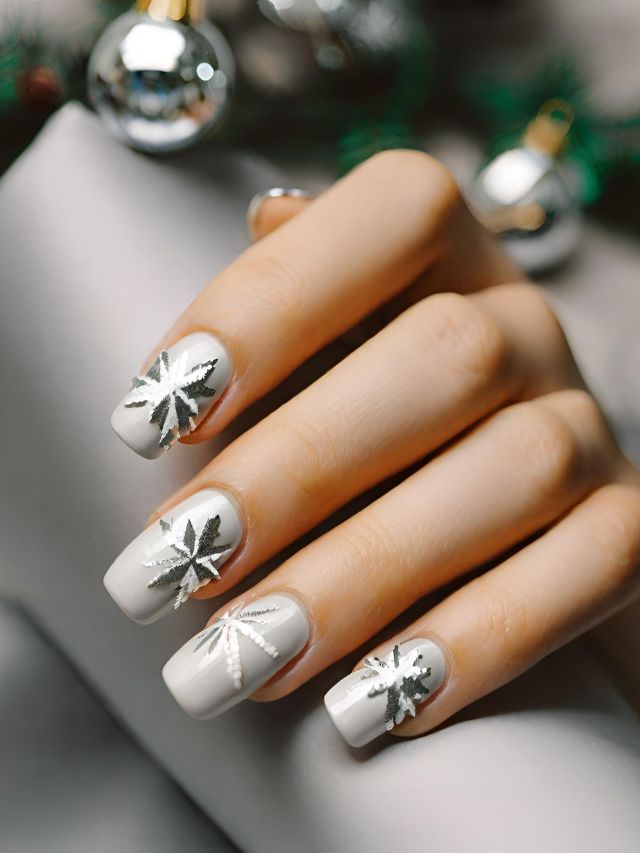 A woman's hand with silver nail polish and christmas ornaments.