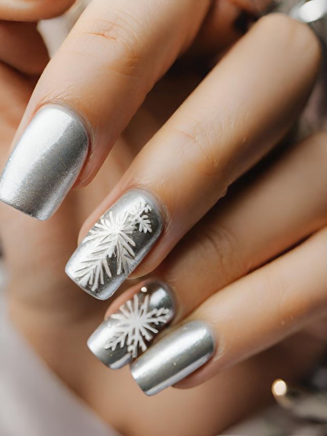 A woman's hands with silver nail polish and snowflakes on them.