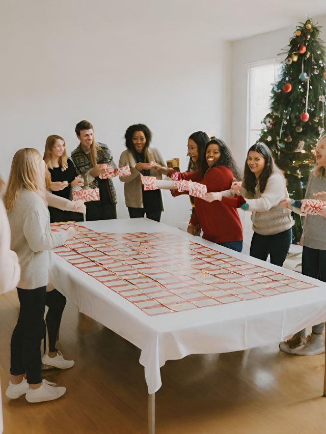 A group of people standing around a table with christmas cards.