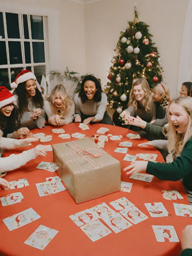 A group of women playing a christmas card game.