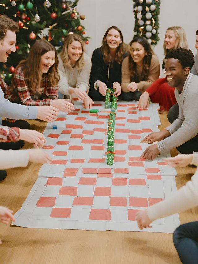 A group of people playing a chess game in front of a christmas tree.