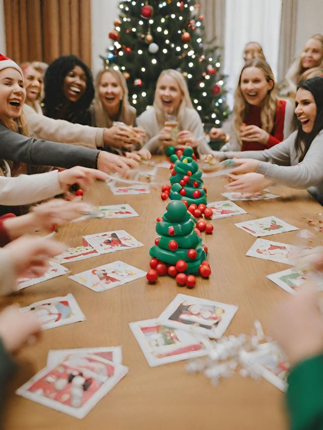A group of women playing a christmas card game.