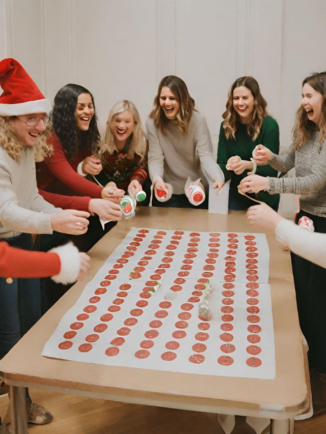 A group of women in santa hats playing a game.
