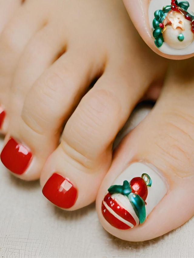 A woman's toes with christmas decorations on them.