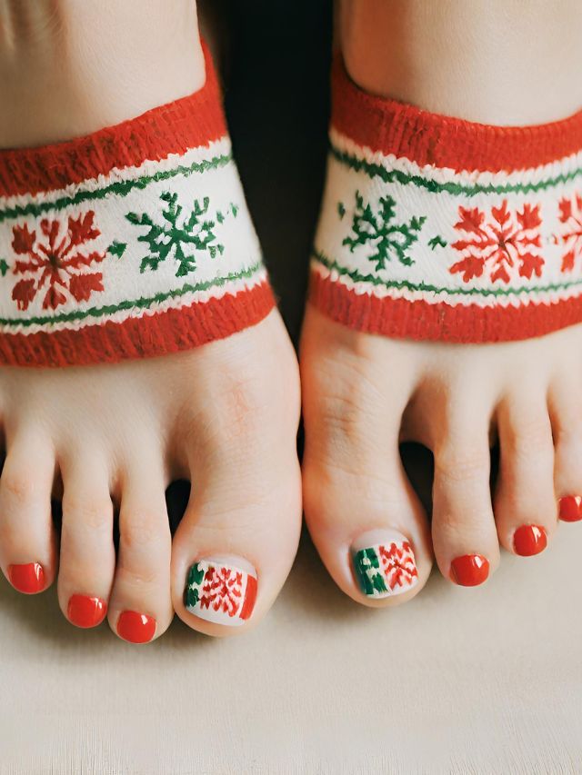 A woman's toes are decorated with christmas ornaments.