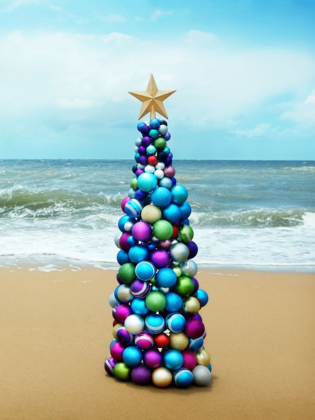 A christmas tree made of colorful balls on the beach.
