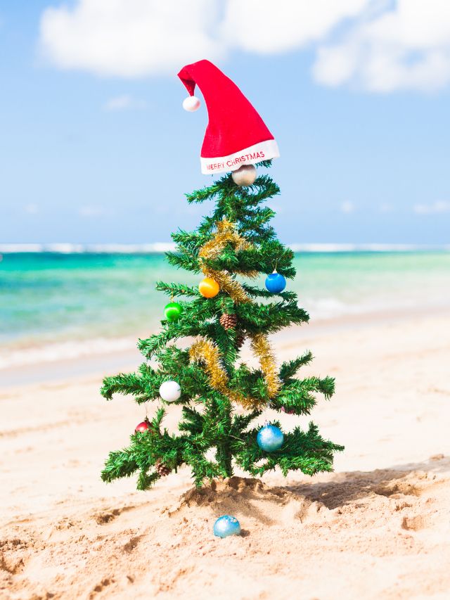 A christmas tree on the beach with a santa hat on it.