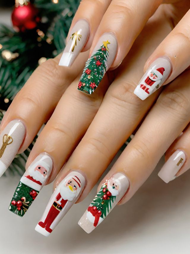 A woman's nails are decorated with christmas trees and santa claus.