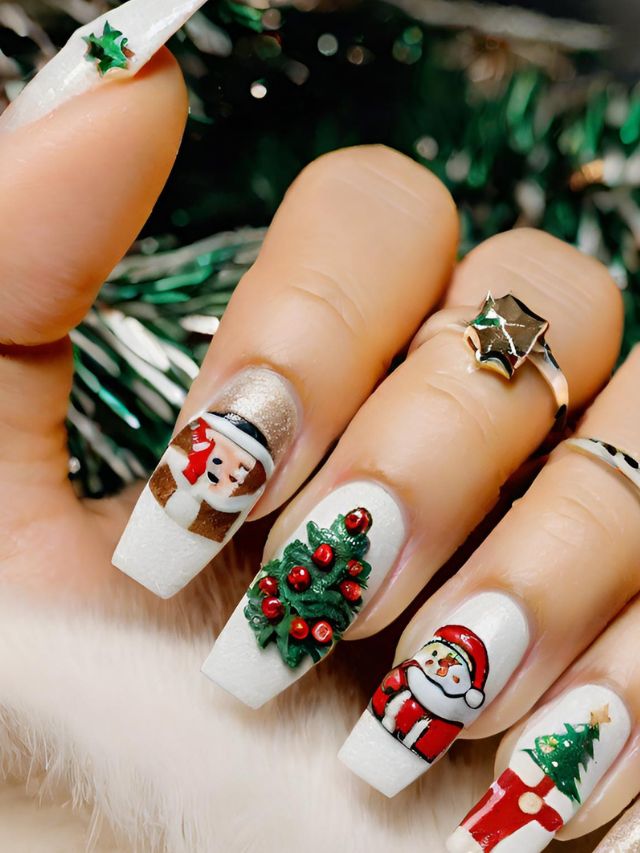A woman's nails are decorated with santa and santa claus.