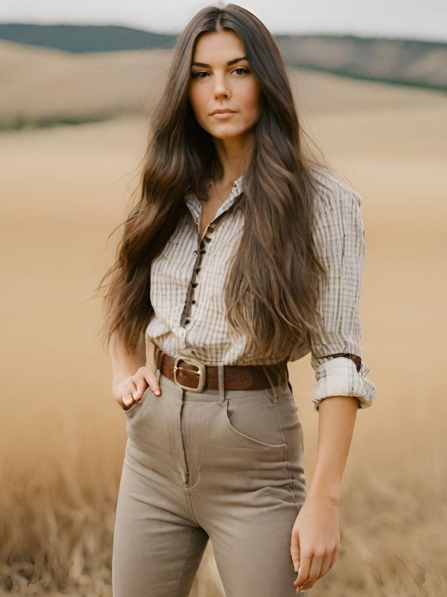 A woman in tan pants standing in a field.