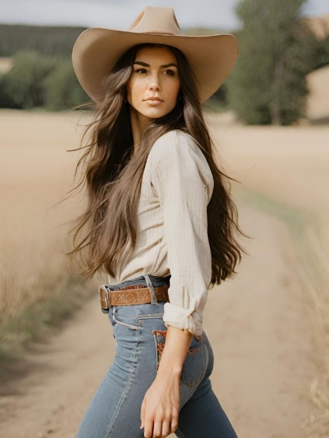 A woman in jeans and a cowboy hat standing on a dirt road.