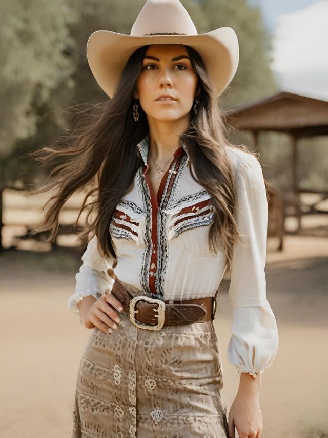 A woman wearing a cowboy hat and skirt.