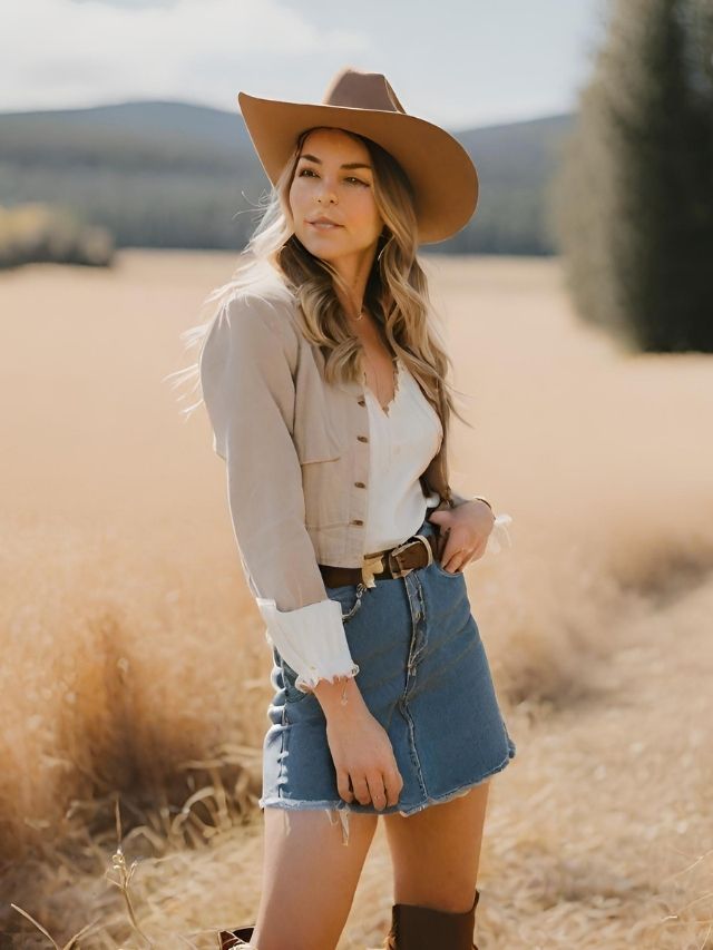 A woman in a cowboy hat and denim skirt posing in a field.