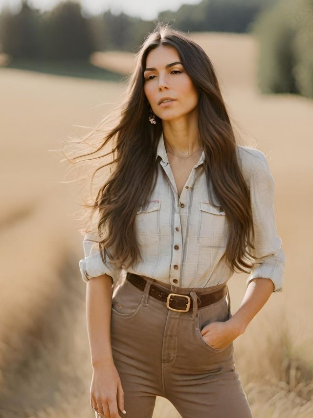 A woman in a tan shirt standing in a field.