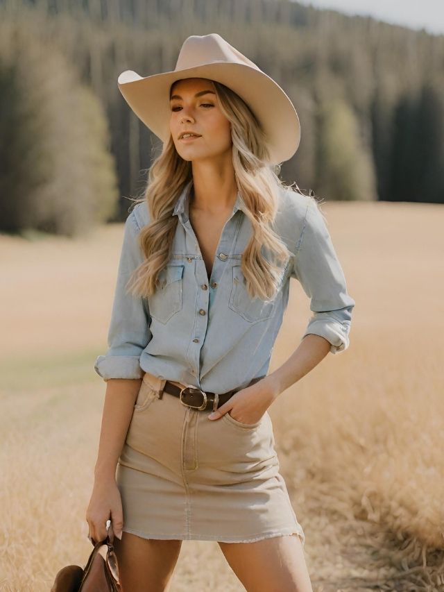 A woman wearing a denim shirt and cowboy hat in a field.
