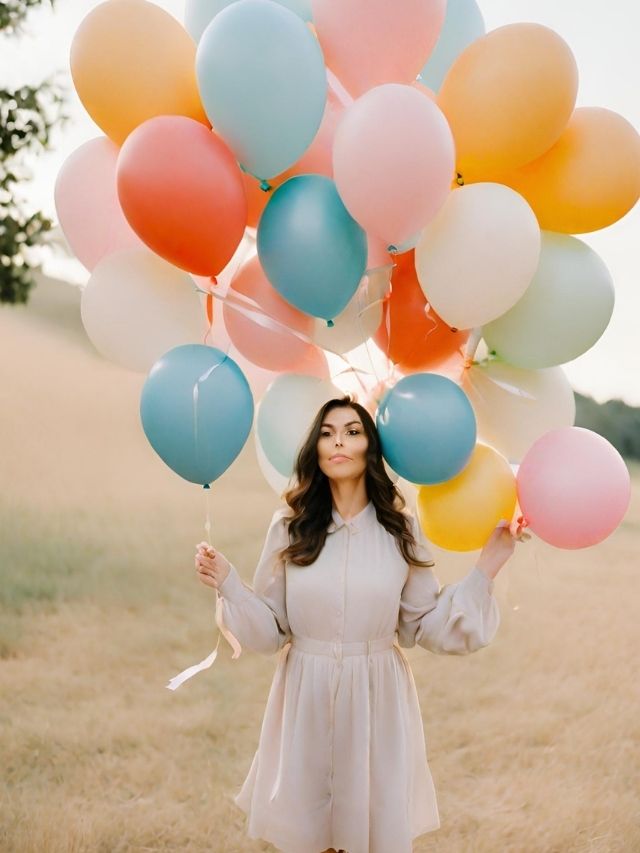 A woman holding a bunch of balloons in a field.