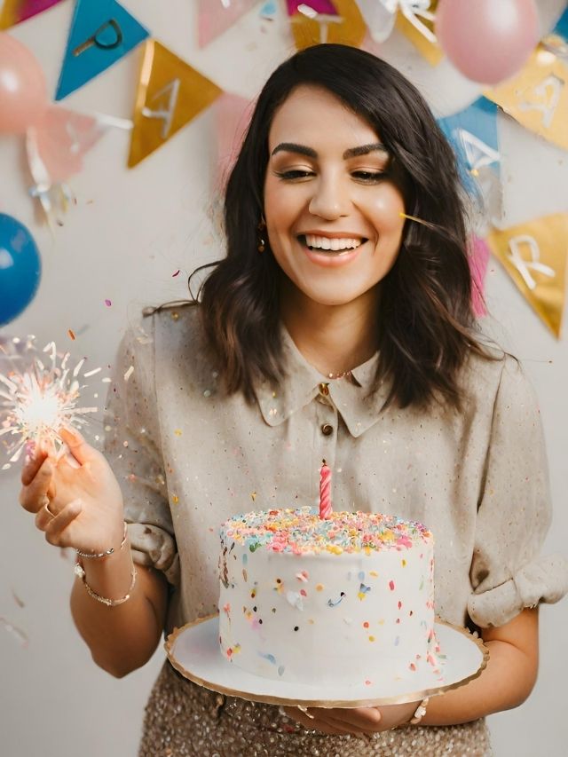 A woman holding a birthday cake with confetti and sparklers.