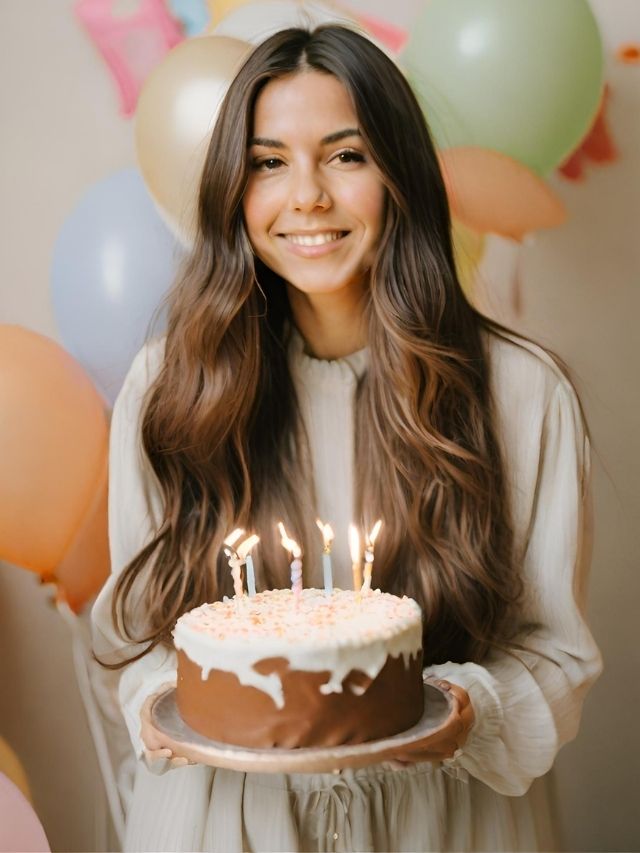 A young woman holding a birthday cake and balloons.