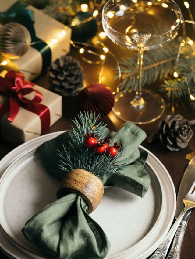A christmas table setting with a napkin and a glass of wine.