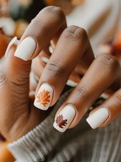 A woman's hand holding a white nail with fall leaves on it.