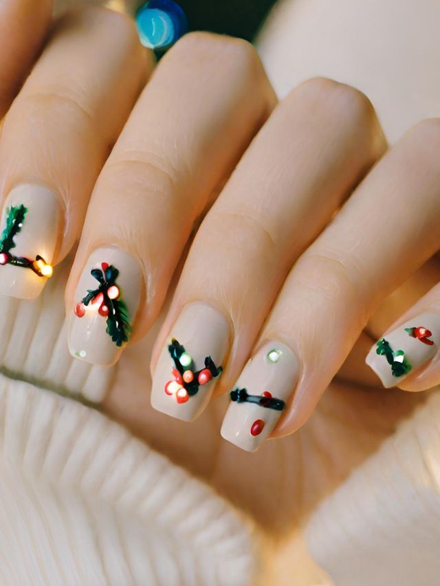 A woman's nails are decorated with christmas lights.