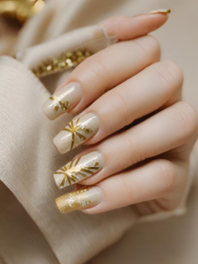 A woman's hand with gold nail art on it.