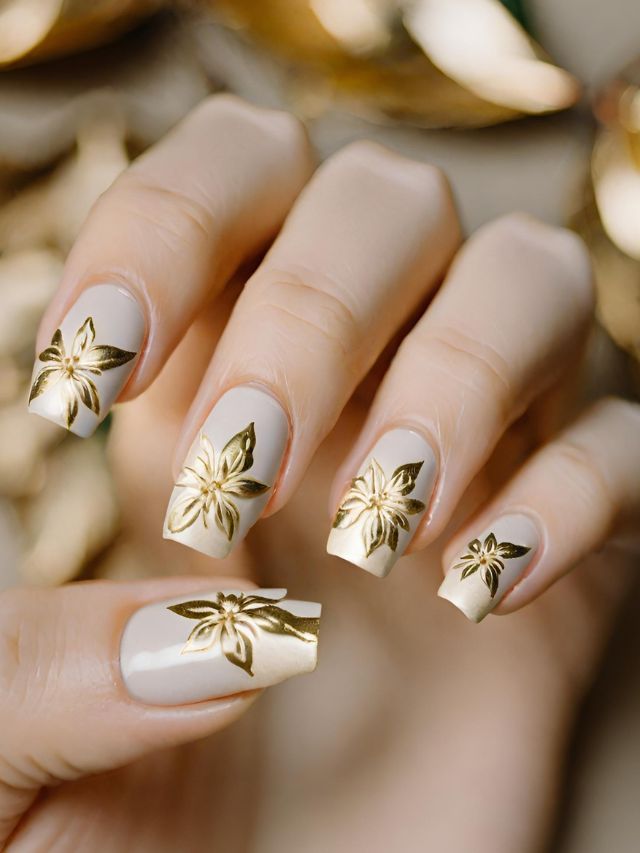 A woman's nails with gold leaf designs on them.