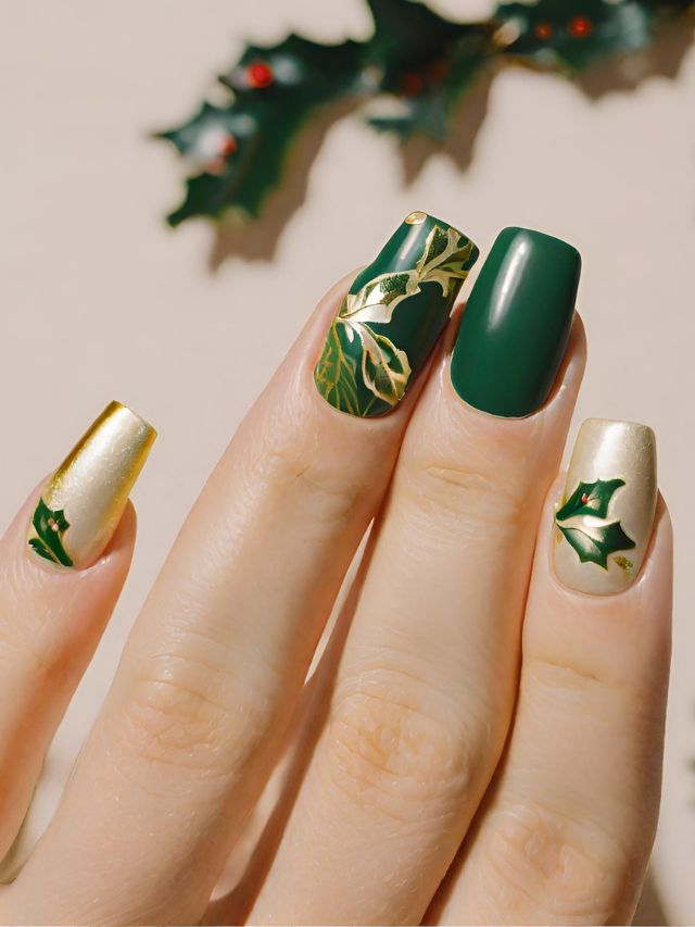 A woman's green and gold nails with holly leaves.