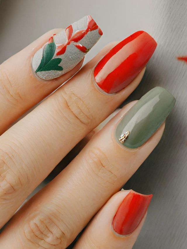 A woman's hand with red and green nails.