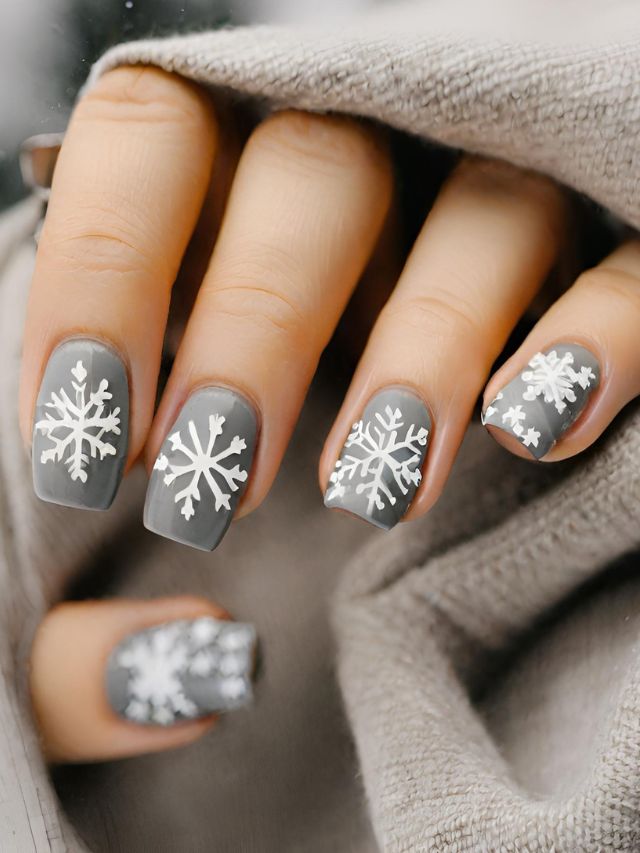 A woman is holding a gray nail with snowflakes on it.