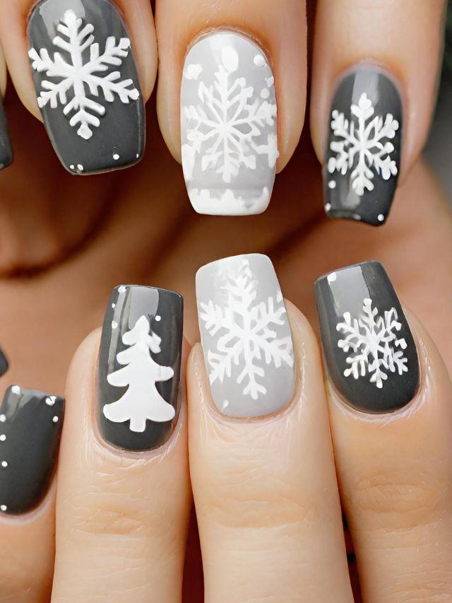 A woman's nails are decorated with snowflakes and snowflakes.