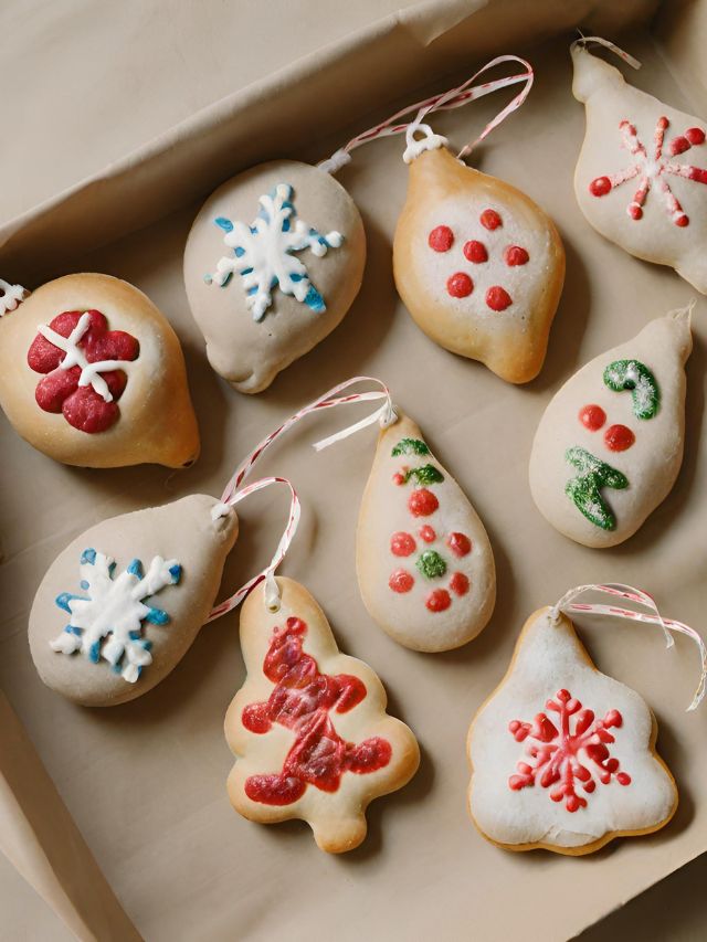 A box of cookies decorated with christmas ornaments.